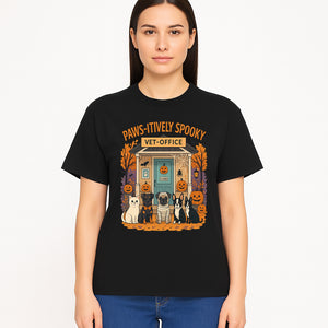 Paws-itively Spooky Vet Office Halloween Greeting Card with Cute Cats and Dogs, Pumpkin Decor, Perfect for Pet Lovers - T-shirt 1758347439381.jpg