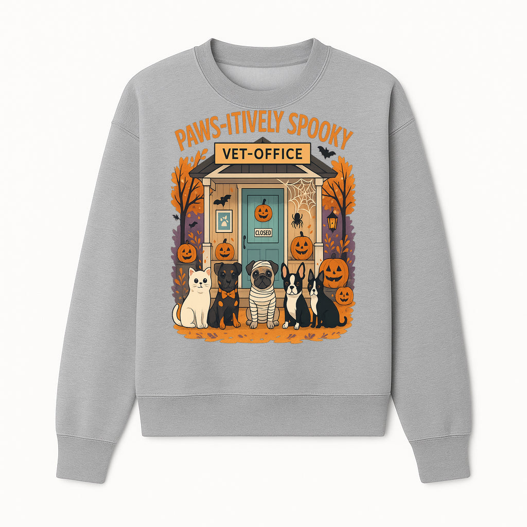 Paws-itively Spooky Vet Office Halloween Greeting Card with Cute Cats and Dogs, Pumpkin Decor, Perfect for Pet Lovers - Sweatshirt 1758347439529.jpg