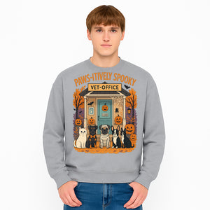Paws-itively Spooky Vet Office Halloween Greeting Card with Cute Cats and Dogs, Pumpkin Decor, Perfect for Pet Lovers - Sweatshirt 1758347442107.jpg