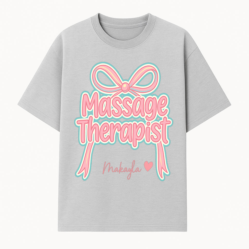 Personalized Massage Therapist Sign with Bow | Custom Name Wall Decor for Spa or Relaxation Room | Pink Neon Aesthetic - T-shirt 1758350851377.jpg