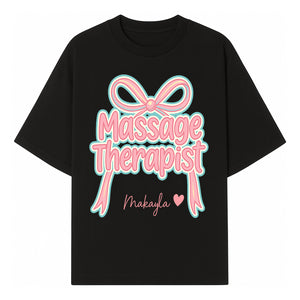 Personalized Massage Therapist Sign with Bow | Custom Name Wall Decor for Spa or Relaxation Room | Pink Neon Aesthetic - T-shirt 1758350851502.jpg