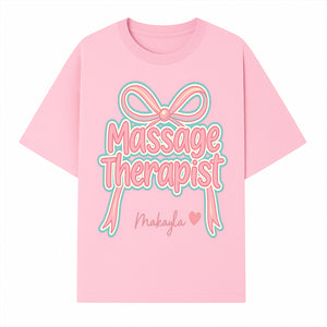 Personalized Massage Therapist Sign with Bow | Custom Name Wall Decor for Spa or Relaxation Room | Pink Neon Aesthetic - T-shirt 1758350852199.jpg