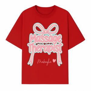 Personalized Massage Therapist Sign with Bow | Custom Name Wall Decor for Spa or Relaxation Room | Pink Neon Aesthetic - T-shirt 1758350852578.jpg