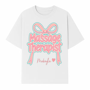 Personalized Massage Therapist Sign with Bow | Custom Name Wall Decor for Spa or Relaxation Room | Pink Neon Aesthetic - T-shirt 1758350852838.jpg