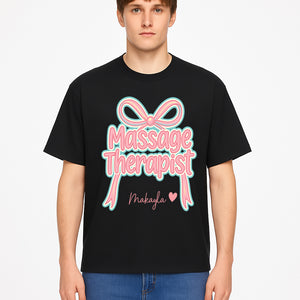 Personalized Massage Therapist Sign with Bow | Custom Name Wall Decor for Spa or Relaxation Room | Pink Neon Aesthetic - T-shirt 1758350853976.jpg
