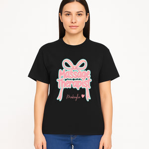 Personalized Massage Therapist Sign with Bow | Custom Name Wall Decor for Spa or Relaxation Room | Pink Neon Aesthetic - T-shirt 1758350854103.jpg