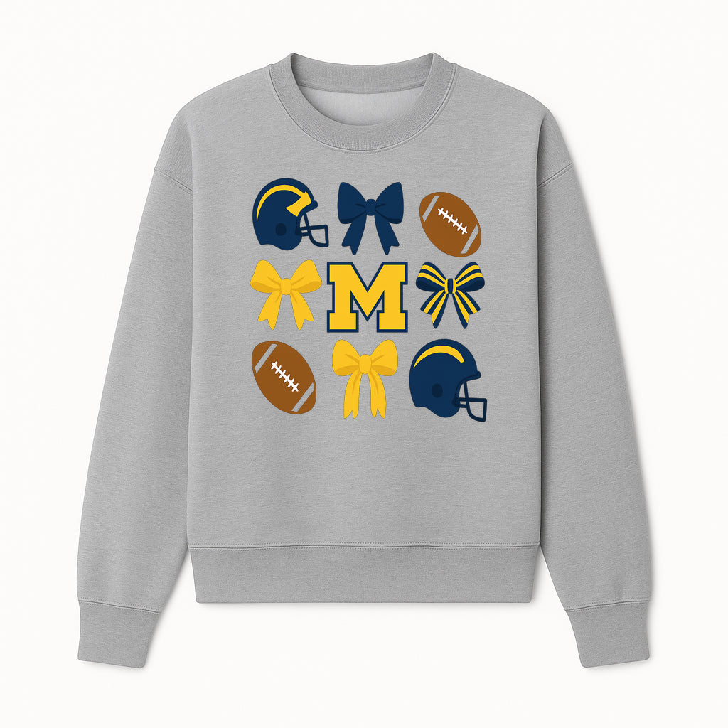 Michigan Football Cheer Bow Decor - Helmets & Bows | Team Spirit Wall Art | Game Day Decor | Sports Fan Home Decor - Sweatshirt 1758559972610.jpg