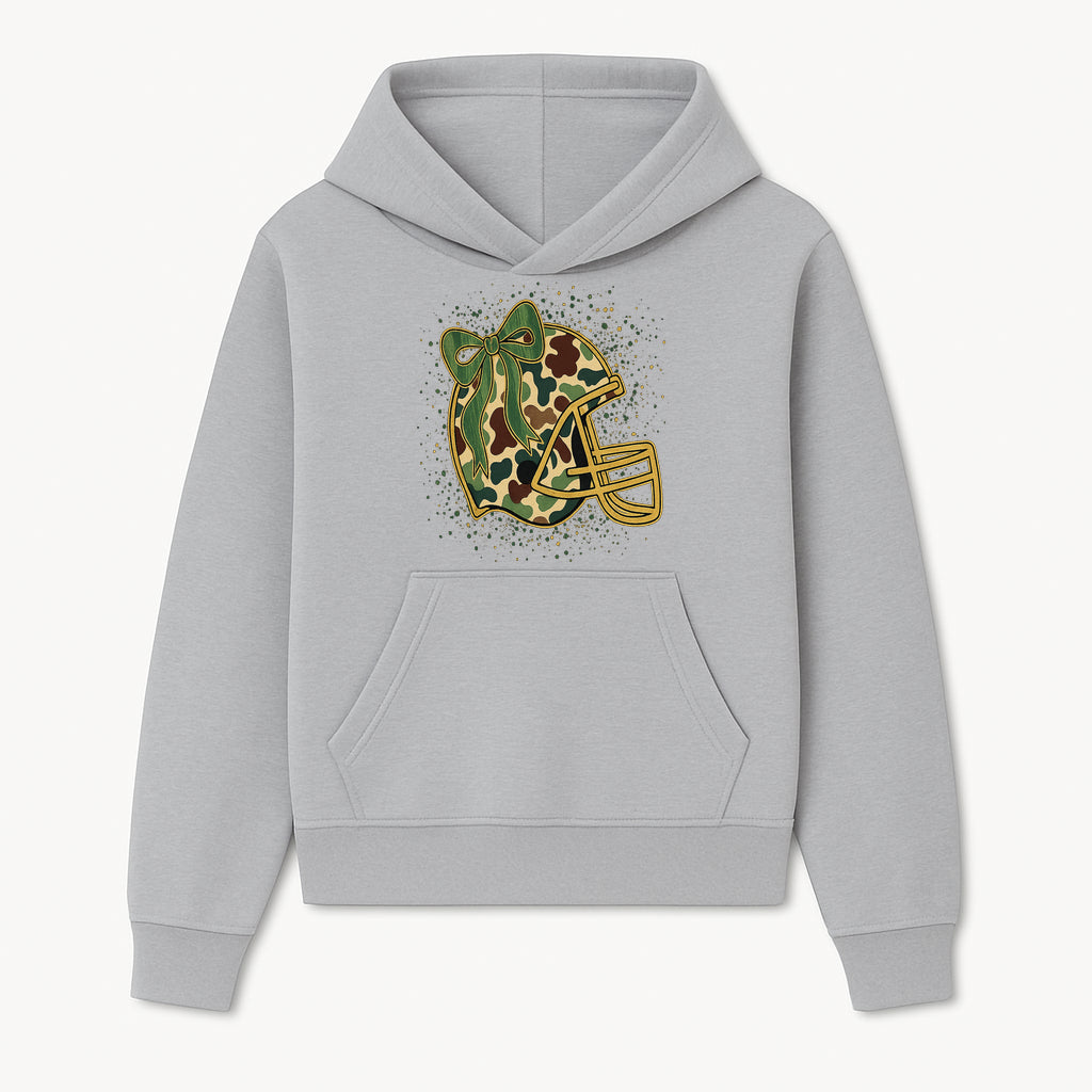 Camo Football Helmet with Bow Graphic Tee - Sports Apparel for Women, Cute Football Gift, Trendy Game Day Outfit - Hoodie 1758559974405.jpg