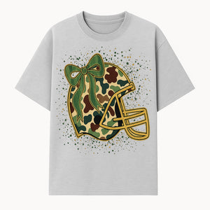 Camo Football Helmet with Bow Graphic Tee - Sports Apparel for Women, Cute Football Gift, Trendy Game Day Outfit - T-shirt 1758559977196.jpg