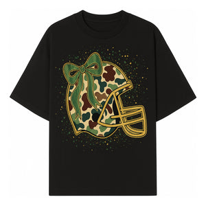Camo Football Helmet with Bow Graphic Tee - Sports Apparel for Women, Cute Football Gift, Trendy Game Day Outfit - T-shirt 1758559977330.jpg