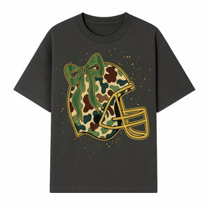 Camo Football Helmet with Bow Graphic Tee - Sports Apparel for Women, Cute Football Gift, Trendy Game Day Outfit - T-shirt 1758559977486.jpg