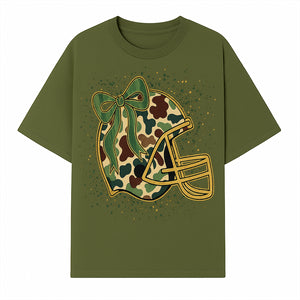 Camo Football Helmet with Bow Graphic Tee - Sports Apparel for Women, Cute Football Gift, Trendy Game Day Outfit - T-shirt 1758559977627.jpg
