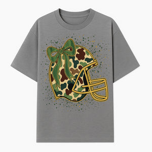 Camo Football Helmet with Bow Graphic Tee - Sports Apparel for Women, Cute Football Gift, Trendy Game Day Outfit - T-shirt 1758559977758.jpg