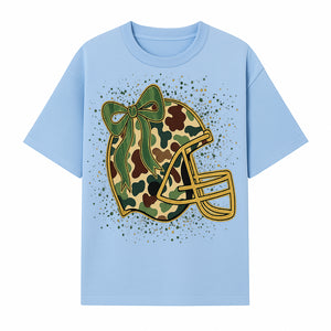 Camo Football Helmet with Bow Graphic Tee - Sports Apparel for Women, Cute Football Gift, Trendy Game Day Outfit - T-shirt 1758559977886.jpg