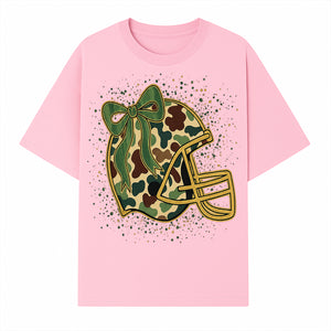 Camo Football Helmet with Bow Graphic Tee - Sports Apparel for Women, Cute Football Gift, Trendy Game Day Outfit - T-shirt 1758559978020.jpg