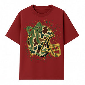 Camo Football Helmet with Bow Graphic Tee - Sports Apparel for Women, Cute Football Gift, Trendy Game Day Outfit - T-shirt 1758559978142.jpg