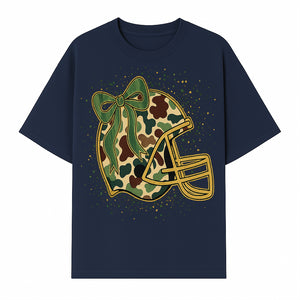 Camo Football Helmet with Bow Graphic Tee - Sports Apparel for Women, Cute Football Gift, Trendy Game Day Outfit - T-shirt 1758559978277.jpg