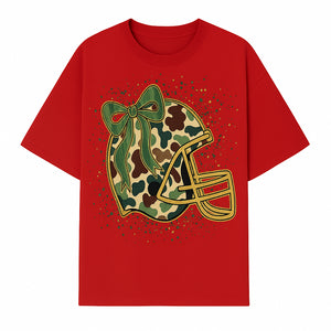 Camo Football Helmet with Bow Graphic Tee - Sports Apparel for Women, Cute Football Gift, Trendy Game Day Outfit - T-shirt 1758559978496.jpg