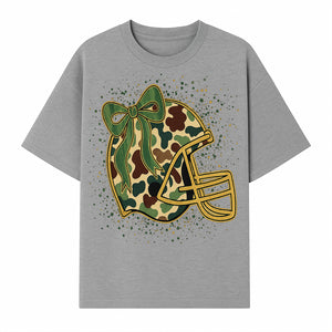 Camo Football Helmet with Bow Graphic Tee - Sports Apparel for Women, Cute Football Gift, Trendy Game Day Outfit - T-shirt 1758559978621.jpg
