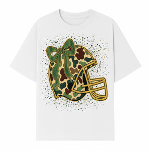 Camo Football Helmet with Bow Graphic Tee - Sports Apparel for Women, Cute Football Gift, Trendy Game Day Outfit - T-shirt 1758559978759.jpg