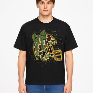 Camo Football Helmet with Bow Graphic Tee - Sports Apparel for Women, Cute Football Gift, Trendy Game Day Outfit - T-shirt 1758559979895.jpg