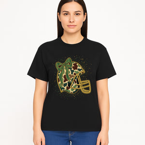 Camo Football Helmet with Bow Graphic Tee - Sports Apparel for Women, Cute Football Gift, Trendy Game Day Outfit - T-shirt 1758559980057.jpg