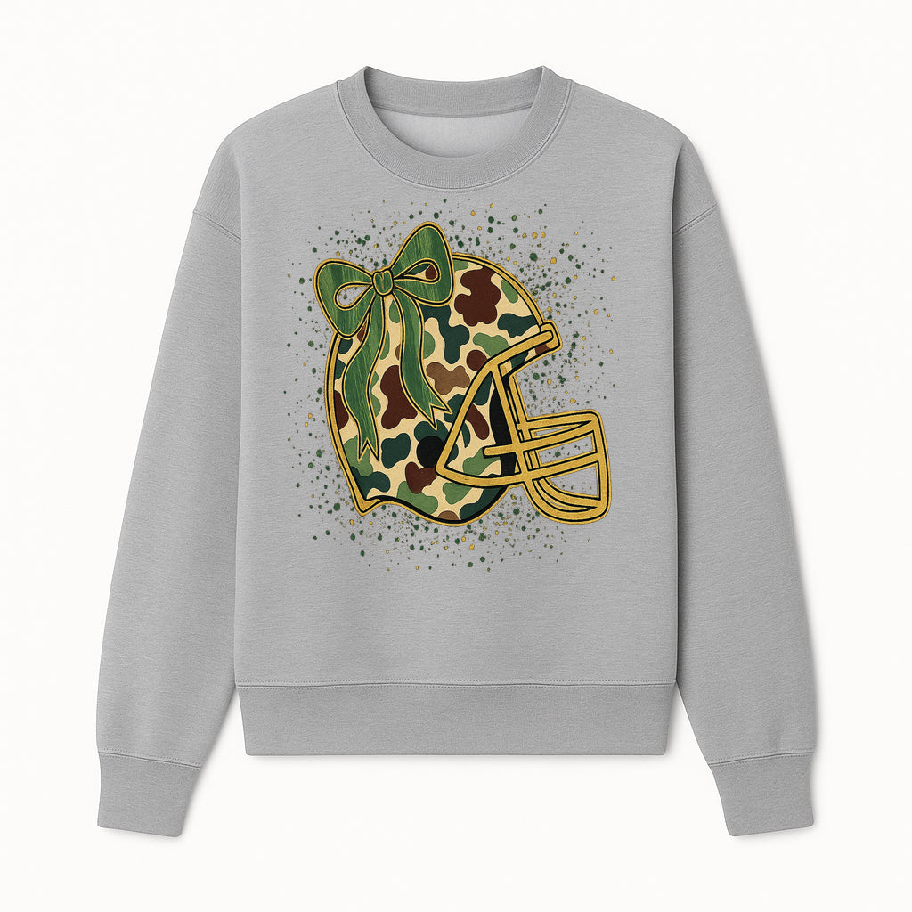 Camo Football Helmet with Bow Graphic Tee - Sports Apparel for Women, Cute Football Gift, Trendy Game Day Outfit - Sweatshirt 1758559980185.jpg