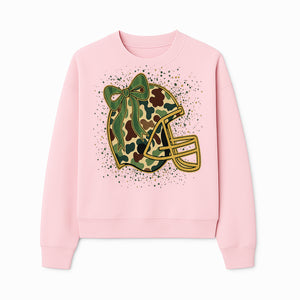 Camo Football Helmet with Bow Graphic Tee - Sports Apparel for Women, Cute Football Gift, Trendy Game Day Outfit - Sweatshirt 1758559981042.jpg