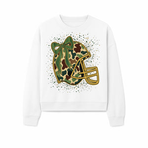 Camo Football Helmet with Bow Graphic Tee - Sports Apparel for Women, Cute Football Gift, Trendy Game Day Outfit - Sweatshirt 1758559981684.jpg