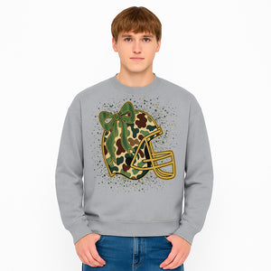 Camo Football Helmet with Bow Graphic Tee - Sports Apparel for Women, Cute Football Gift, Trendy Game Day Outfit - Sweatshirt 1758559982836.jpg