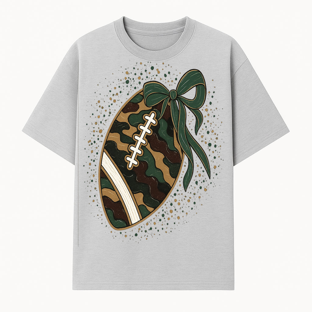 Camouflage Football with Bow Wrap - Fun Sports Decor, Rustic Wall Art, Perfect for Game Day, Gift for Football Lovers - T-shirt 1758559988935.jpg