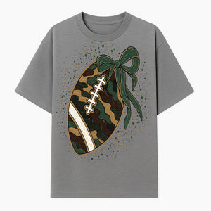 Camouflage Football with Bow Wrap - Fun Sports Decor, Rustic Wall Art, Perfect for Game Day, Gift for Football Lovers - T-shirt 1758559989501.jpg