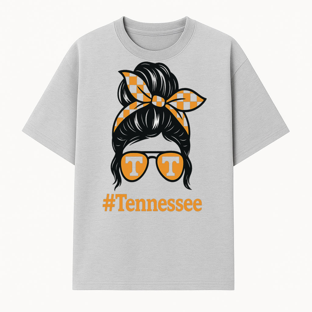 Tennessee Fashion Tee with Retro Bun & Sunglasses - Trendy Gift for Vols Fans - Orange Checkered Bow Design - T-shirt 1758559998353.jpg