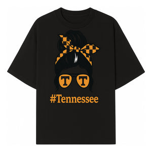 Tennessee Fashion Tee with Retro Bun & Sunglasses - Trendy Gift for Vols Fans - Orange Checkered Bow Design - T-shirt 1758559998496.jpg