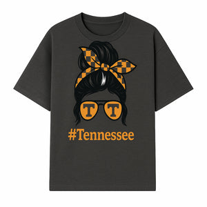 Tennessee Fashion Tee with Retro Bun & Sunglasses - Trendy Gift for Vols Fans - Orange Checkered Bow Design - T-shirt 1758559998618.jpg