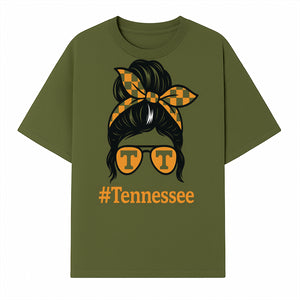 Tennessee Fashion Tee with Retro Bun & Sunglasses - Trendy Gift for Vols Fans - Orange Checkered Bow Design - T-shirt 1758559998745.jpg