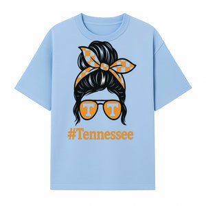 Tennessee Fashion Tee with Retro Bun & Sunglasses - Trendy Gift for Vols Fans - Orange Checkered Bow Design - T-shirt 1758559999008.jpg