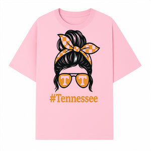 Tennessee Fashion Tee with Retro Bun & Sunglasses - Trendy Gift for Vols Fans - Orange Checkered Bow Design - T-shirt 1758559999144.jpg
