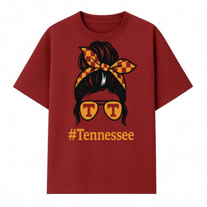Tennessee Fashion Tee with Retro Bun & Sunglasses - Trendy Gift for Vols Fans - Orange Checkered Bow Design - T-shirt 1758559999339.jpg