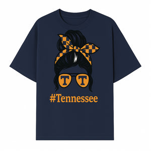 Tennessee Fashion Tee with Retro Bun & Sunglasses - Trendy Gift for Vols Fans - Orange Checkered Bow Design - T-shirt 1758559999442.jpg