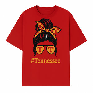 Tennessee Fashion Tee with Retro Bun & Sunglasses - Trendy Gift for Vols Fans - Orange Checkered Bow Design - T-shirt 1758559999560.jpg