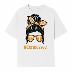 Tennessee Fashion Tee with Retro Bun & Sunglasses - Trendy Gift for Vols Fans - Orange Checkered Bow Design - T-shirt 1758559999840.jpg