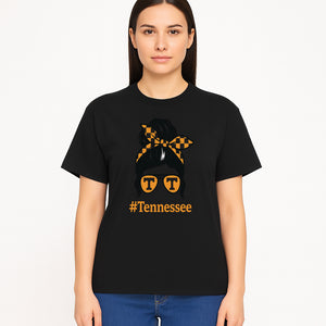 Tennessee Fashion Tee with Retro Bun & Sunglasses - Trendy Gift for Vols Fans - Orange Checkered Bow Design - T-shirt 1758560001068.jpg