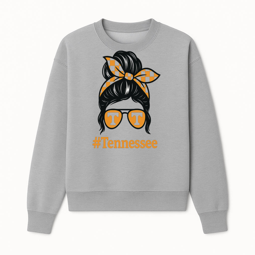 Tennessee Fashion Tee with Retro Bun & Sunglasses - Trendy Gift for Vols Fans - Orange Checkered Bow Design - Sweatshirt 1758560001185.jpg