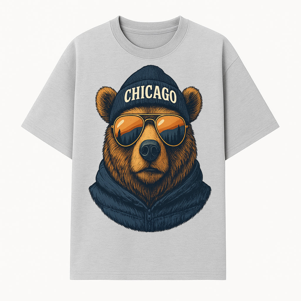 Vintage Chicago Bear Graphic Tee with Sunglasses and Mountains, Cozy Urban Wildlife Apparel - T-shirt 1758560001270.jpg