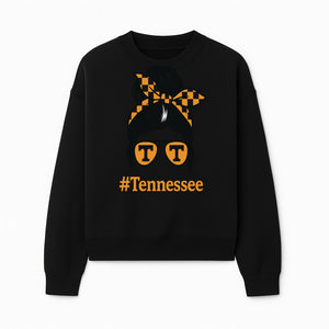 Tennessee Fashion Tee with Retro Bun & Sunglasses - Trendy Gift for Vols Fans - Orange Checkered Bow Design - Sweatshirt 1758560001280.jpg
