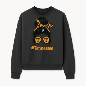 Tennessee Fashion Tee with Retro Bun & Sunglasses - Trendy Gift for Vols Fans - Orange Checkered Bow Design - Sweatshirt 1758560001410.jpg