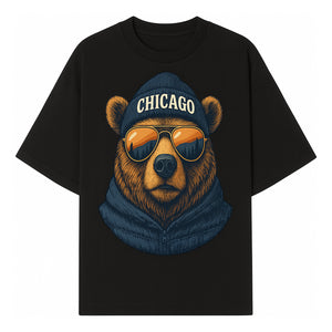 Vintage Chicago Bear Graphic Tee with Sunglasses and Mountains, Cozy Urban Wildlife Apparel - T-shirt 1758560001410.jpg