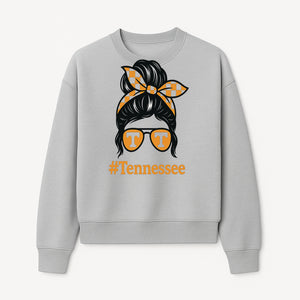Tennessee Fashion Tee with Retro Bun & Sunglasses - Trendy Gift for Vols Fans - Orange Checkered Bow Design - Sweatshirt 1758560001664.jpg