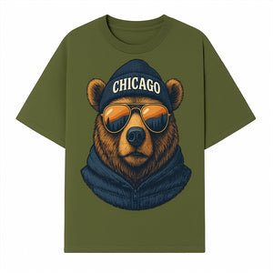 Vintage Chicago Bear Graphic Tee with Sunglasses and Mountains, Cozy Urban Wildlife Apparel - T-shirt 1758560001680.jpg